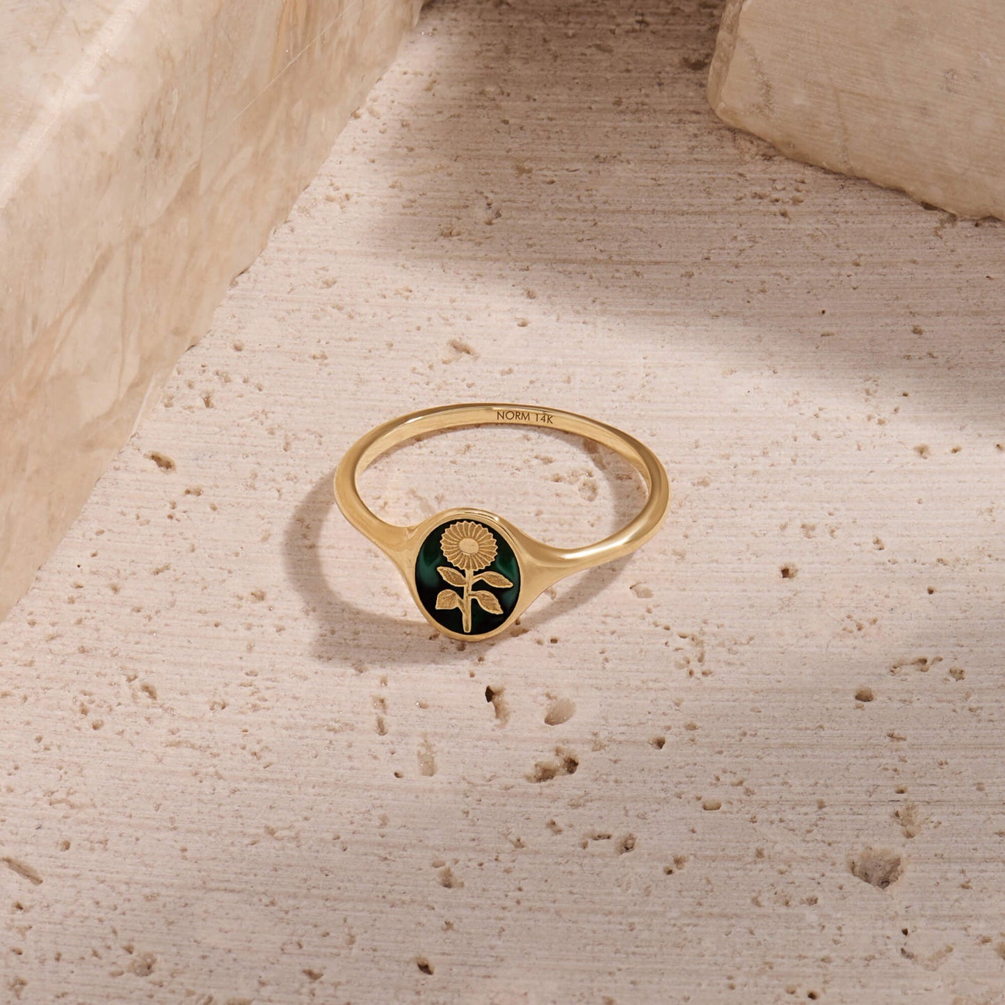 Green Enamel Calendula Signet Ring in Gold