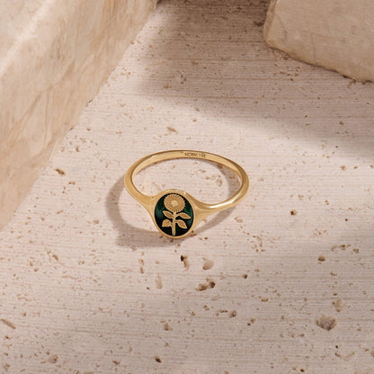 Green Enamel Calendula Signet Ring in Gold