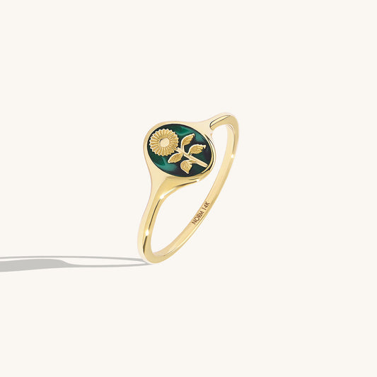 Green Enamel Calendula Signet Ring in Gold