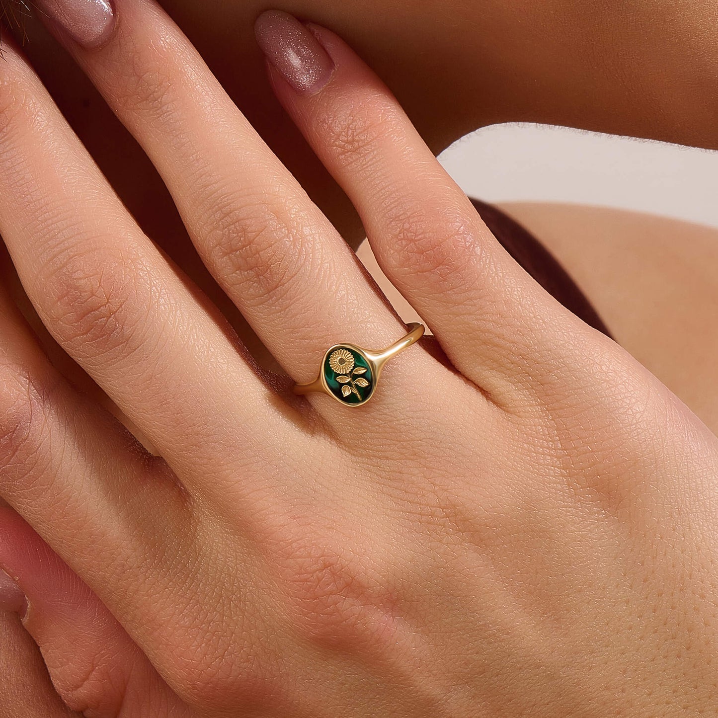 Green Enamel Calendula Signet Ring in Gold