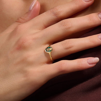 Green Enamel Calendula Signet Ring in Gold