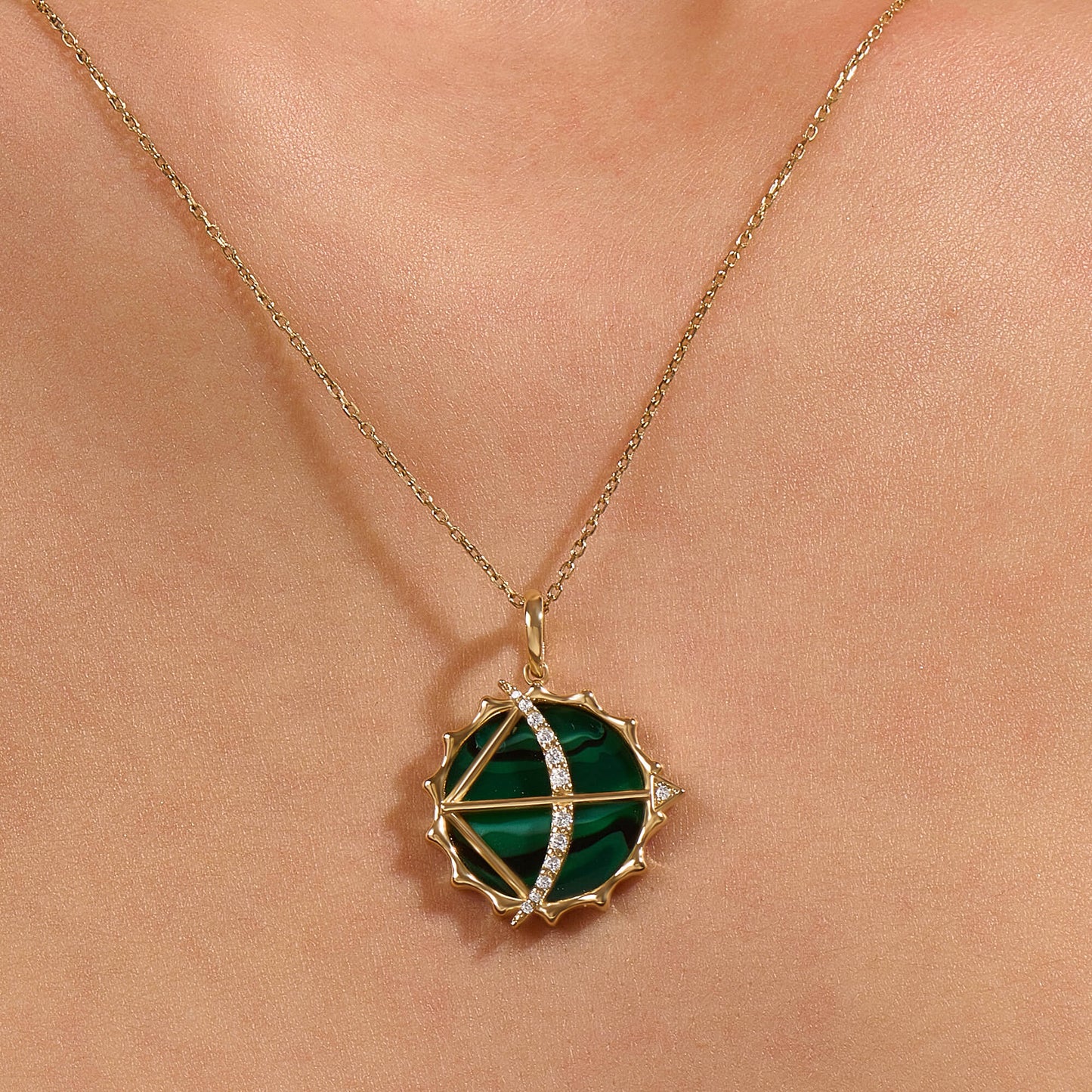 Green Enamel Archer Necklace in Gold