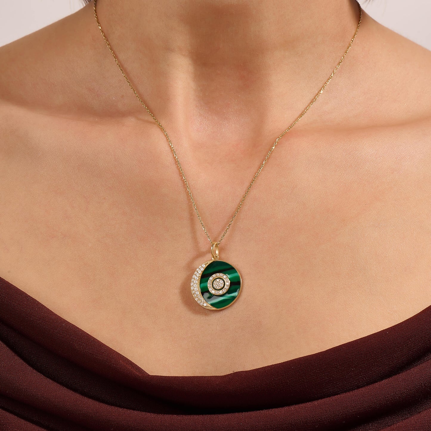 Green Enamel Moon and Orbit Necklace in Gold