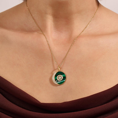 Green Enamel Moon and Orbit Necklace in Gold
