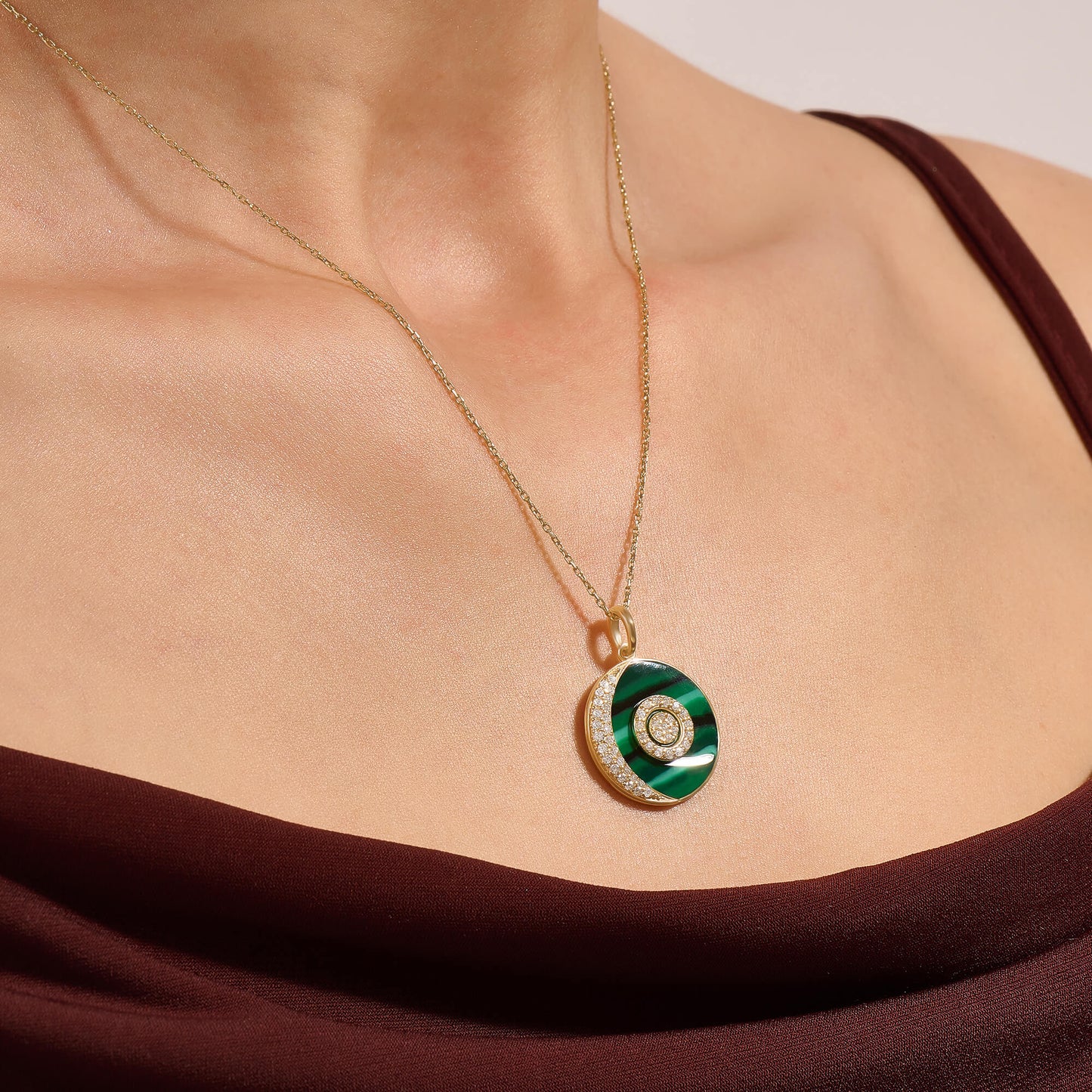 Green Enamel Moon and Orbit Necklace in Gold