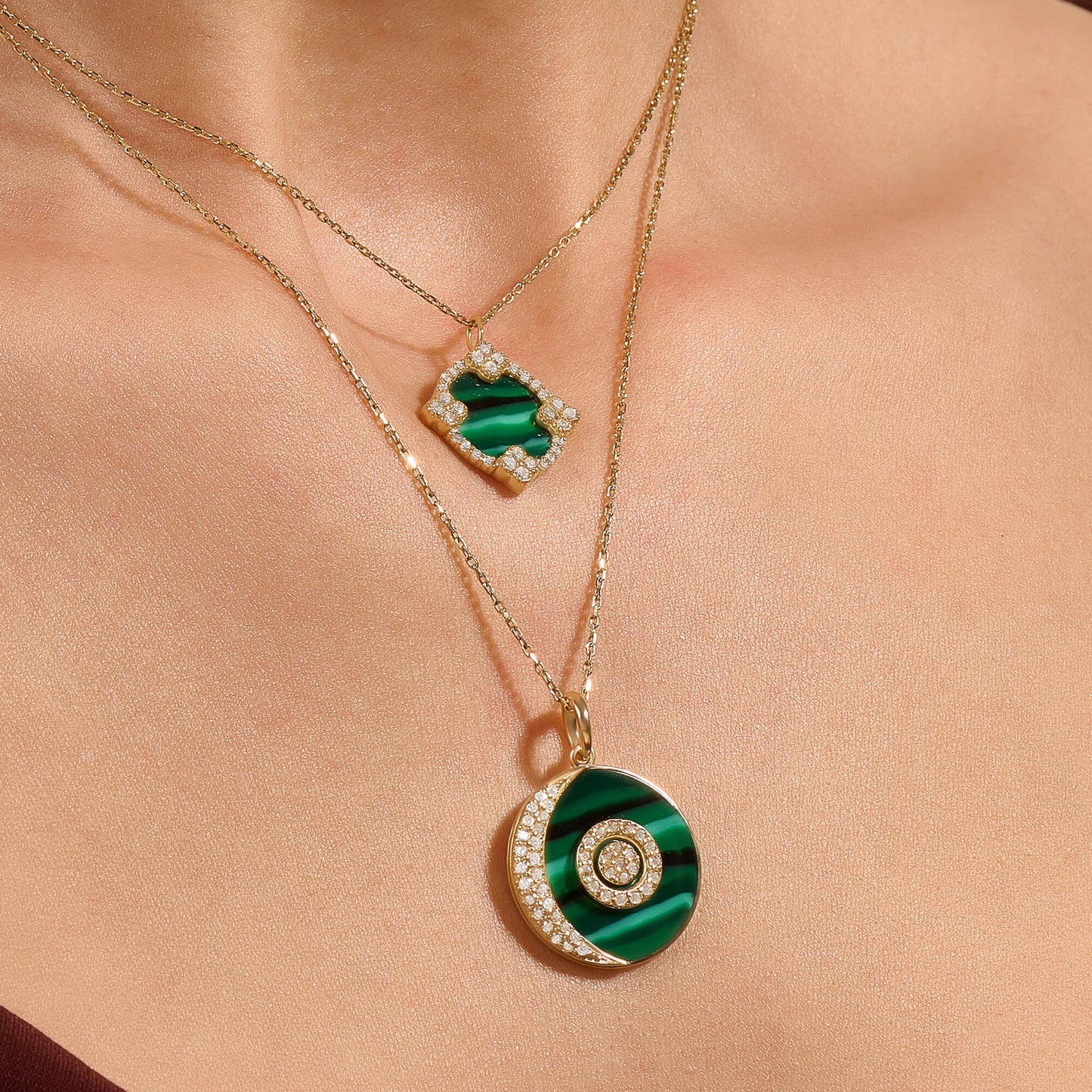 Green Enamel Moon and Orbit Necklace in Gold