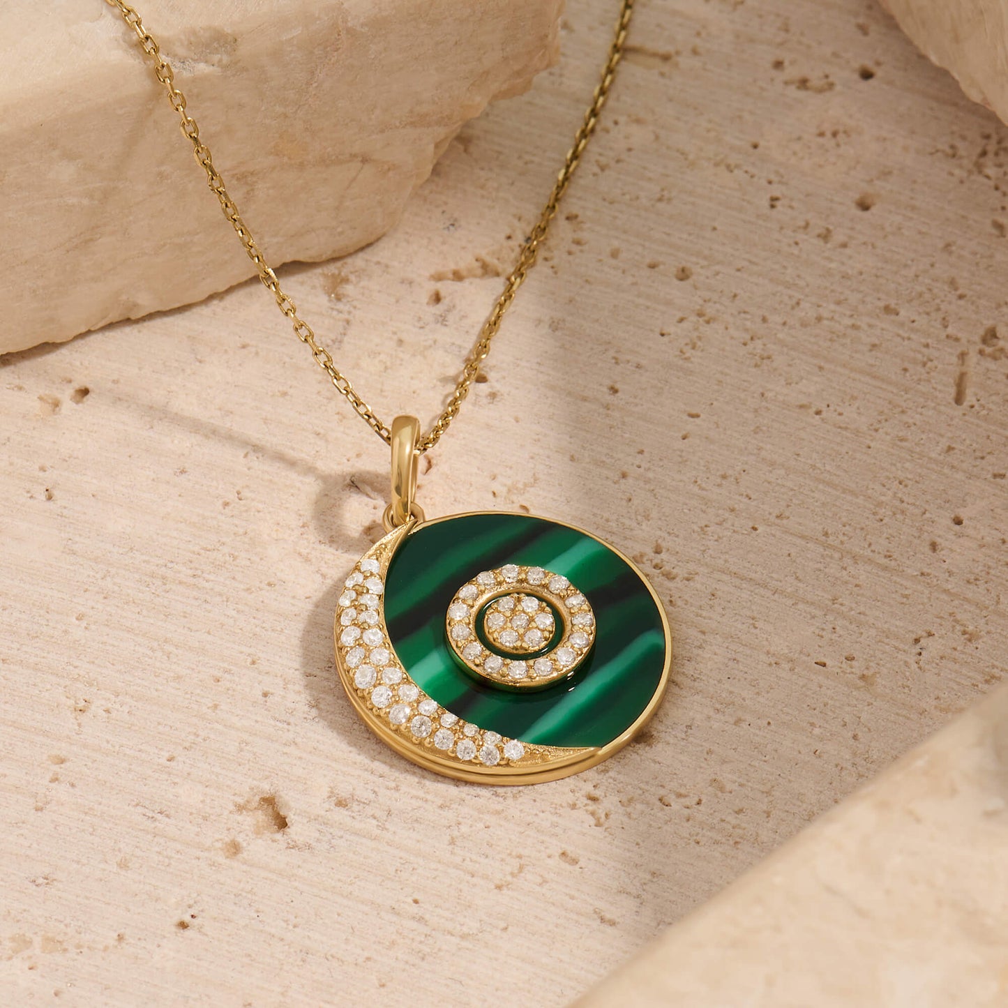 Green Enamel Moon and Orbit Necklace in Gold