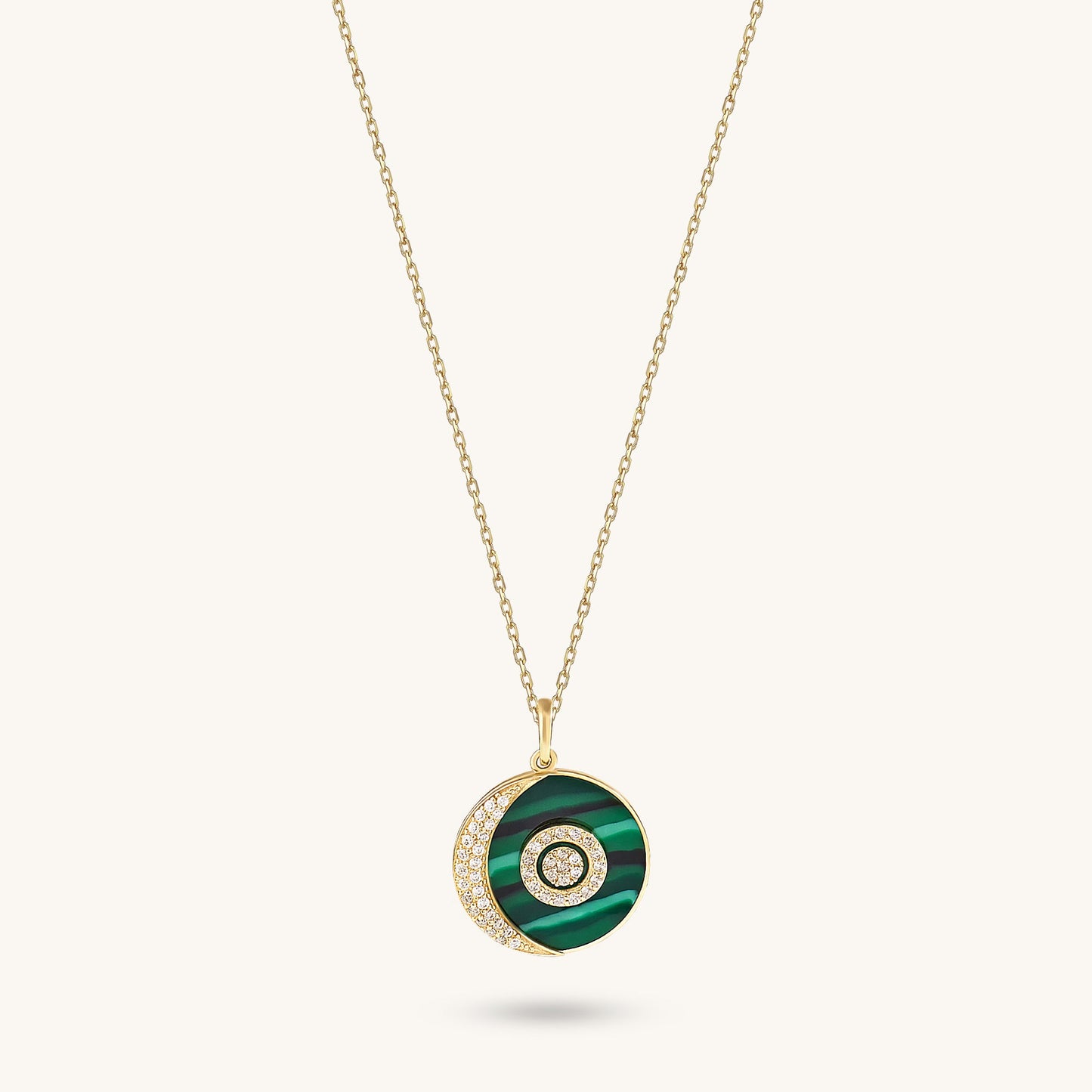Green Enamel Moon and Orbit Necklace in Gold
