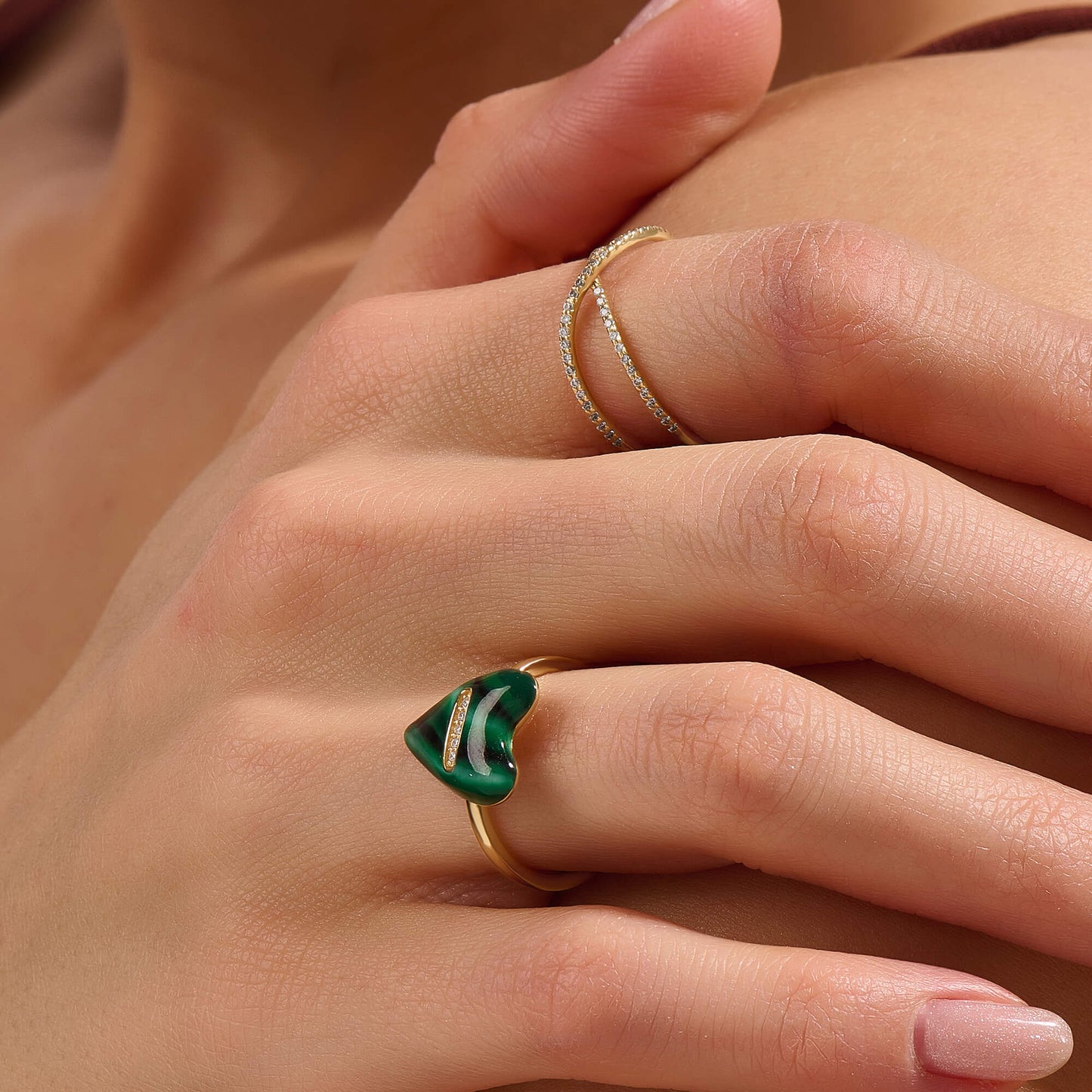 Green Enamel Heart Ring in Gold