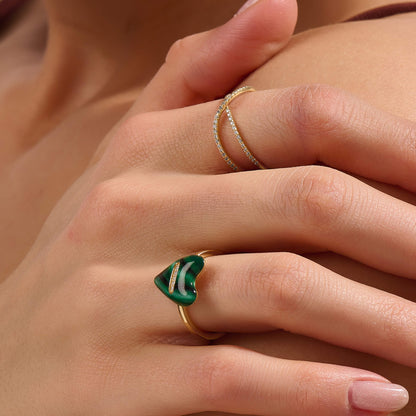 Green Enamel Heart Ring in Gold