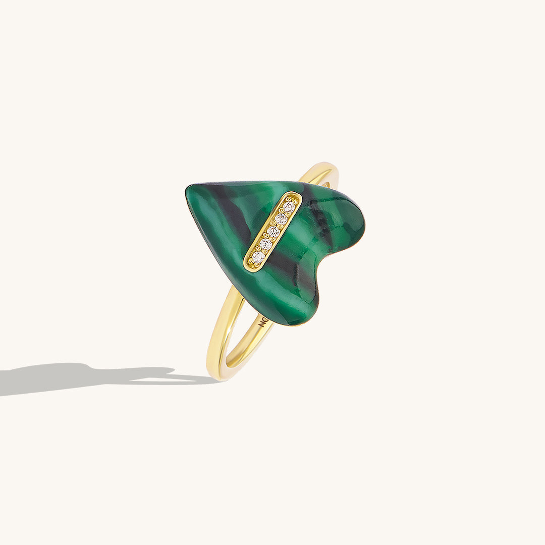 Green Enamel Heart Ring in Gold