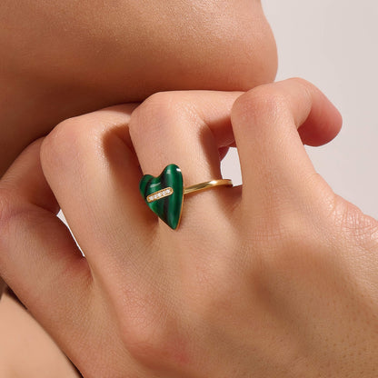 Green Enamel Heart Ring in Gold