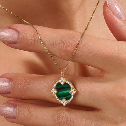 Green Enamel Lucky Shamrock Necklace in Gold