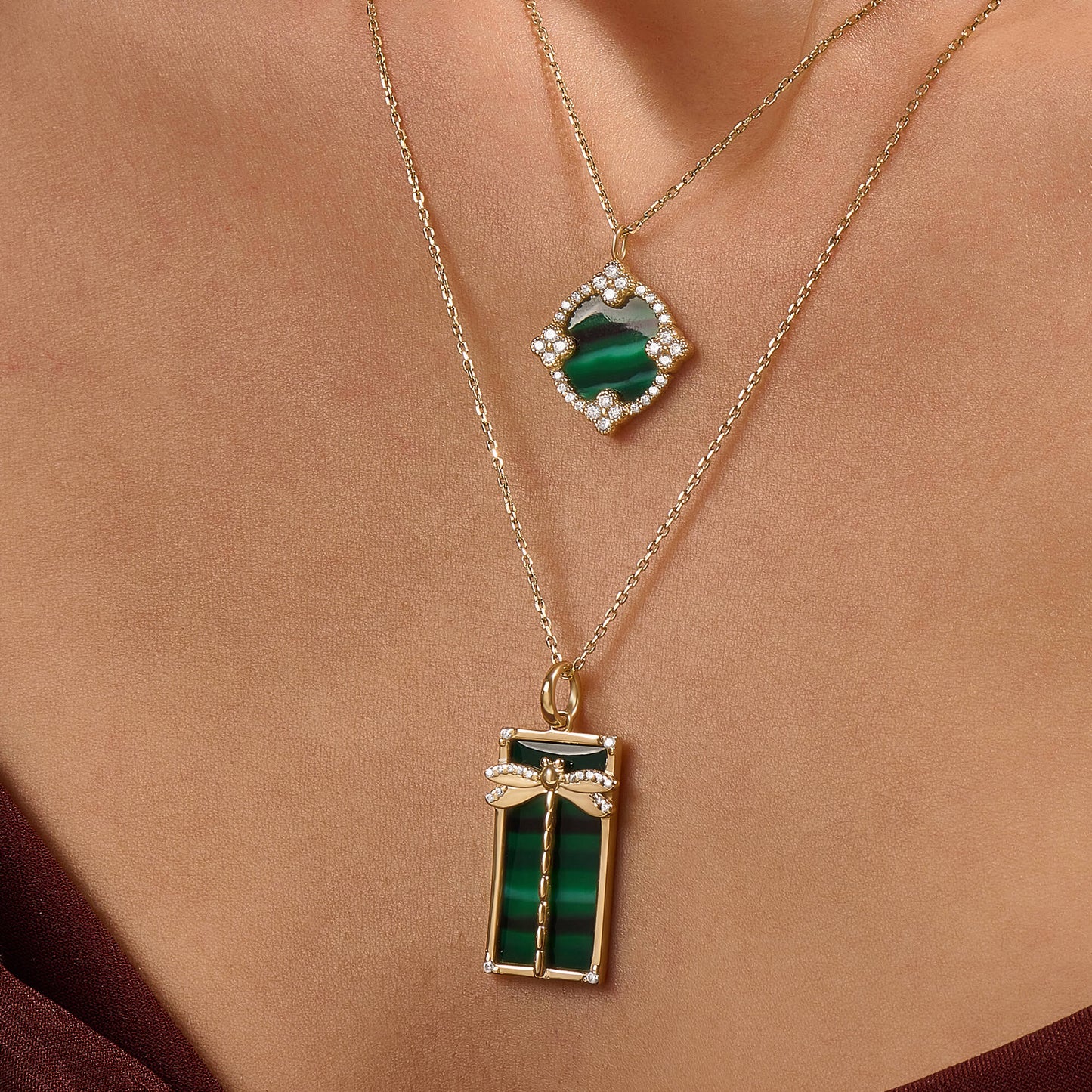 Green Enamel Lucky Shamrock Necklace in Gold