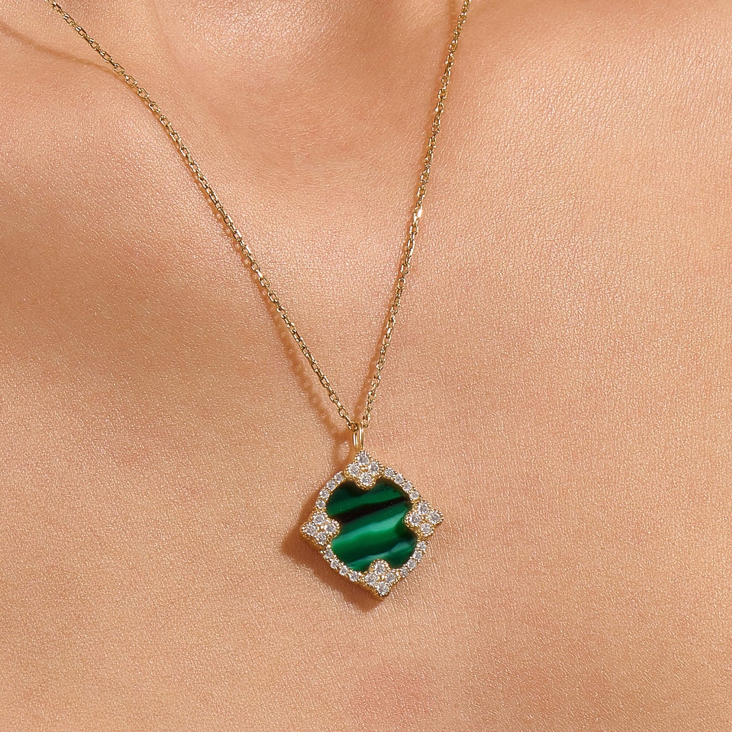 Green Enamel Lucky Shamrock Necklace in Gold