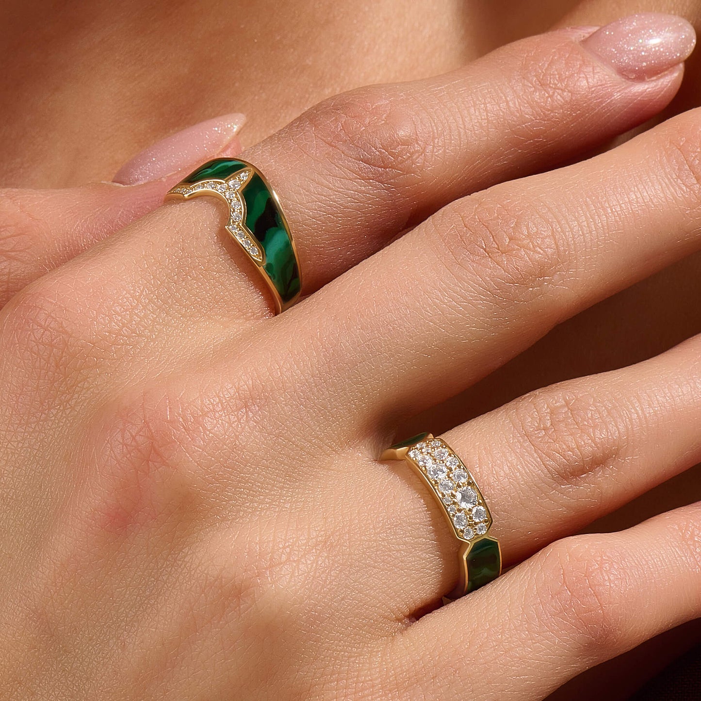 Green Enamel Tiara Band Ring in Gold