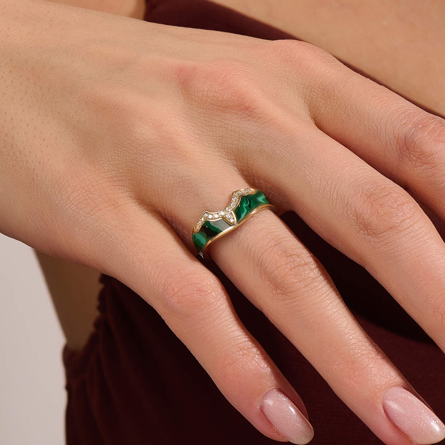Green Enamel Tiara Band Ring in Gold