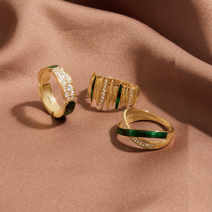 Green Enamel Pave Line Statement Ring in Gold