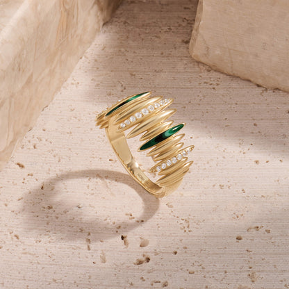 Green Enamel Pave Line Statement Ring in Gold