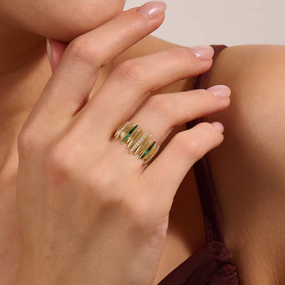 Green Enamel Pave Line Statement Ring in Gold