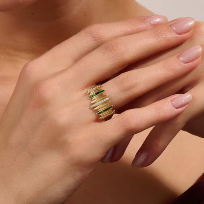 Green Enamel Pave Line Statement Ring in Gold