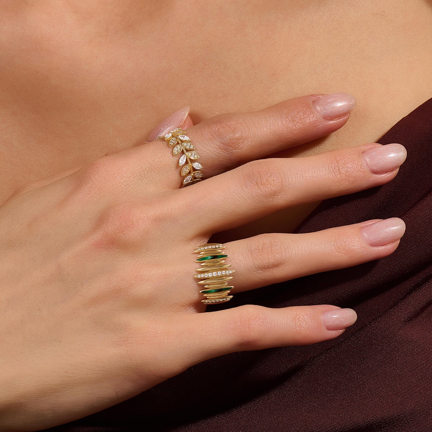 Green Enamel Pave Line Statement Ring in Gold