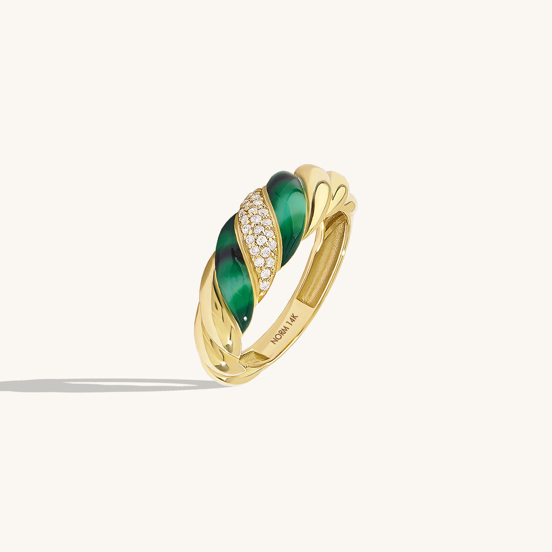 Green Enamel Pave Croissant Ring in Gold