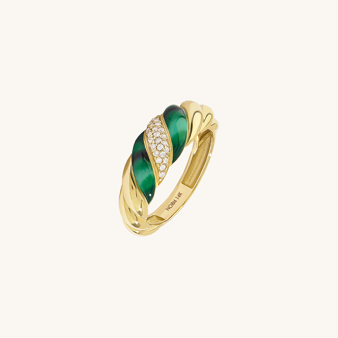 Green Enamel Pave Croissant Ring in Gold