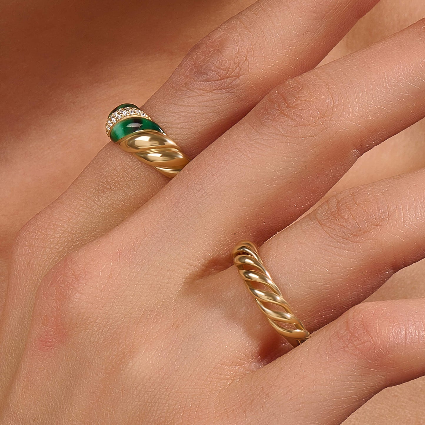 Green Enamel Pave Croissant Ring in Gold