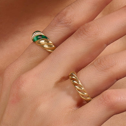 Green Enamel Pave Croissant Ring in Gold