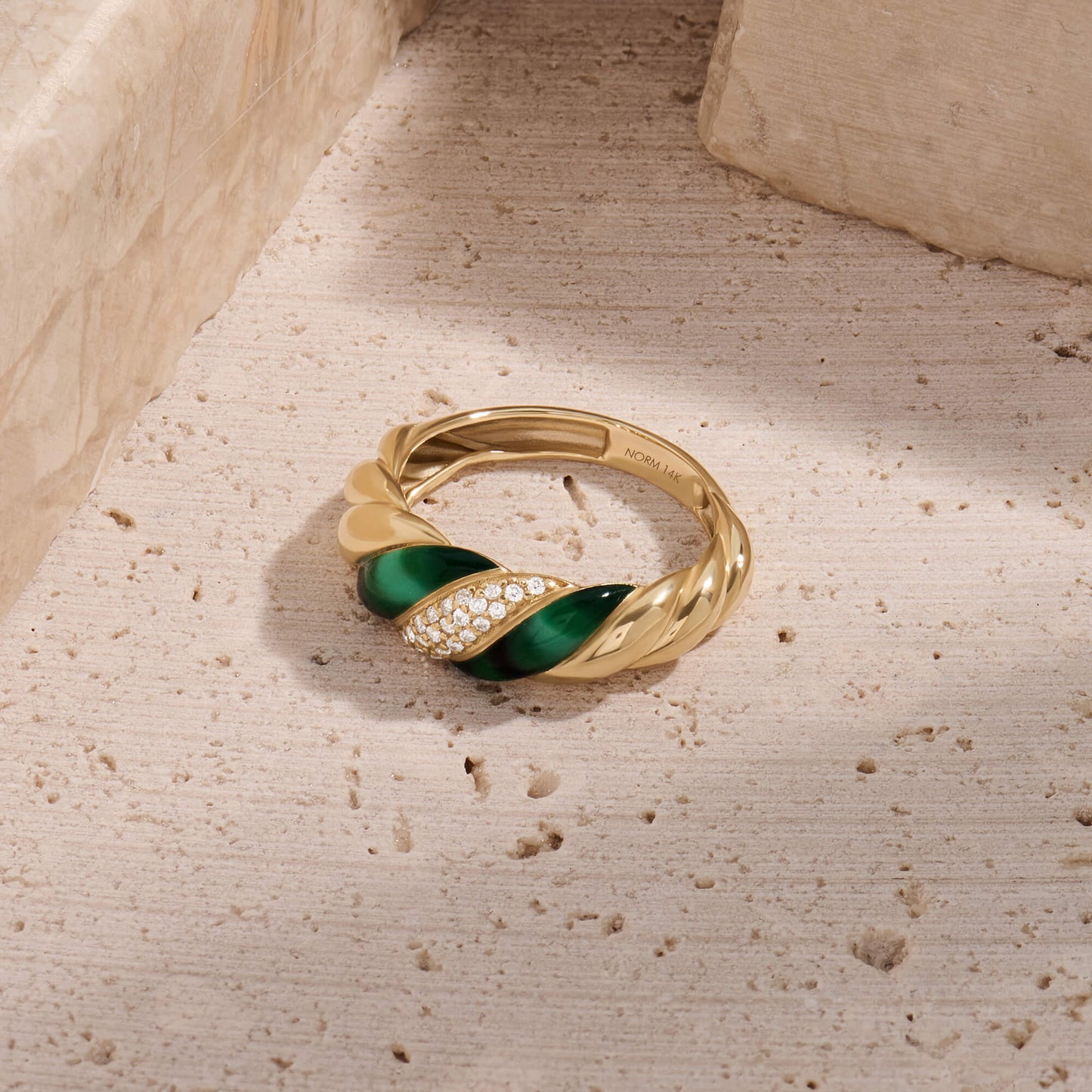 Green Enamel Pave Croissant Ring in Gold