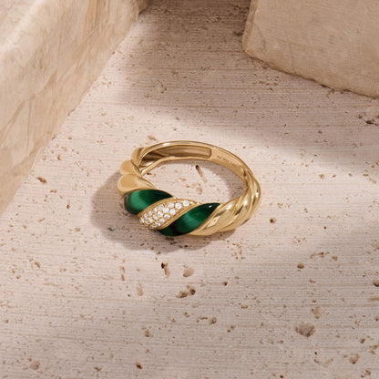 Green Enamel Pave Croissant Ring in Gold