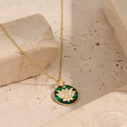 Green Enamel Lotus Necklace in Gold