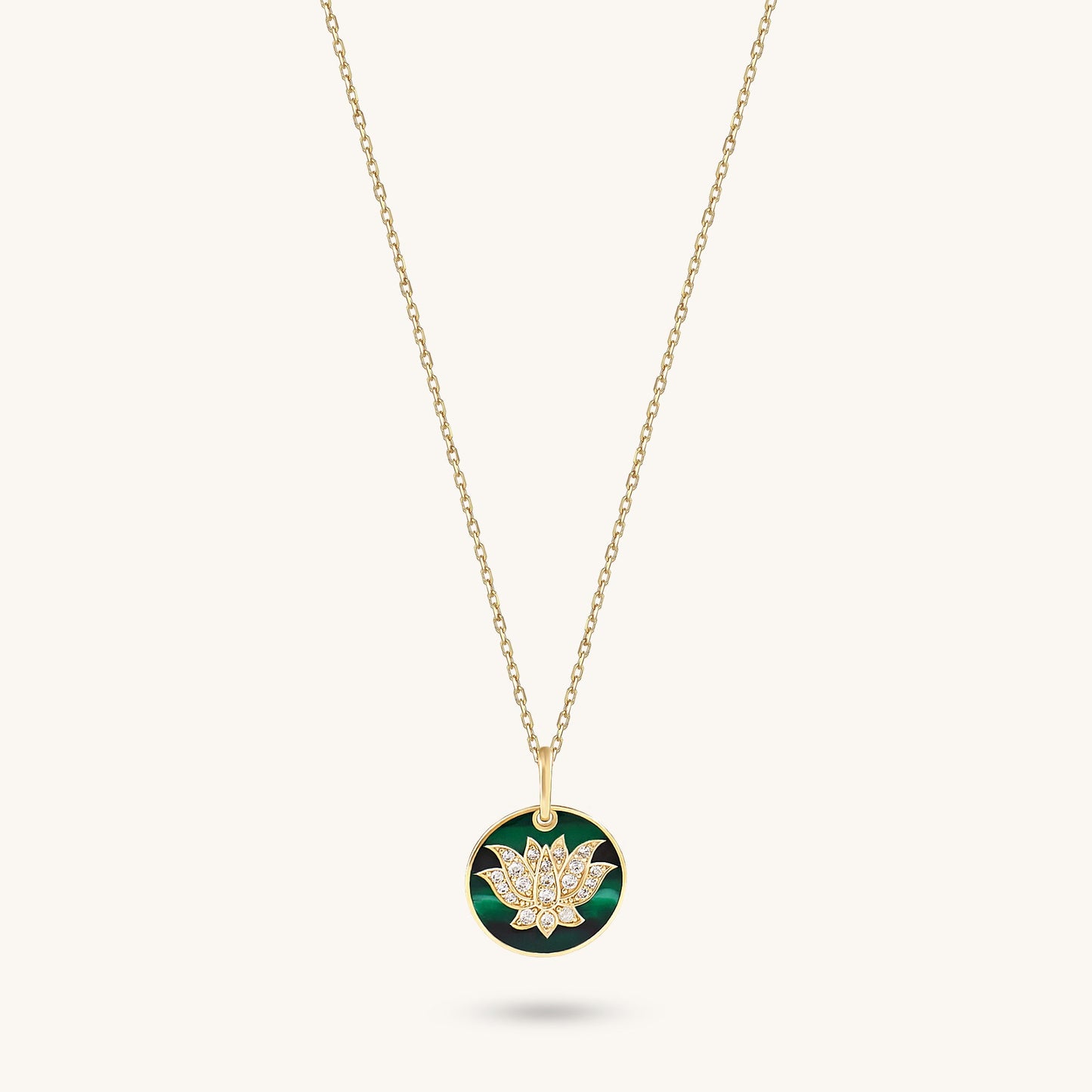 Green Enamel Lotus Necklace in Gold