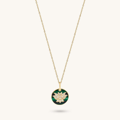 Green Enamel Lotus Necklace in Gold