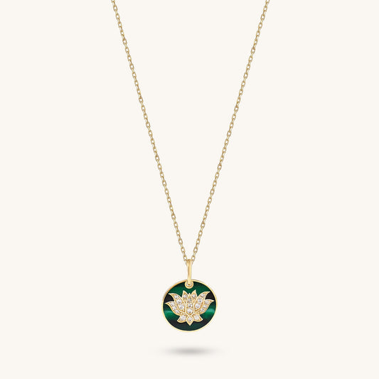Green Enamel Lotus Necklace in Gold