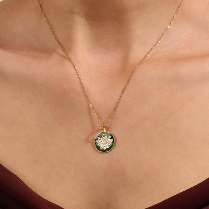 Green Enamel Lotus Necklace in Gold