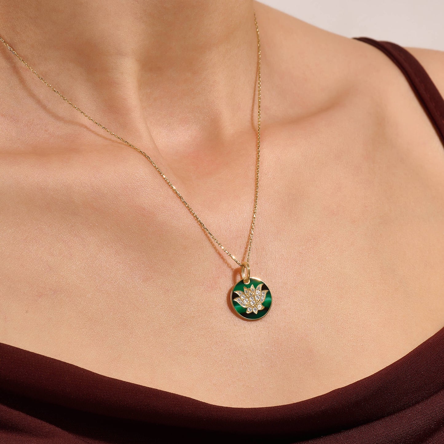Green Enamel Lotus Necklace in Gold