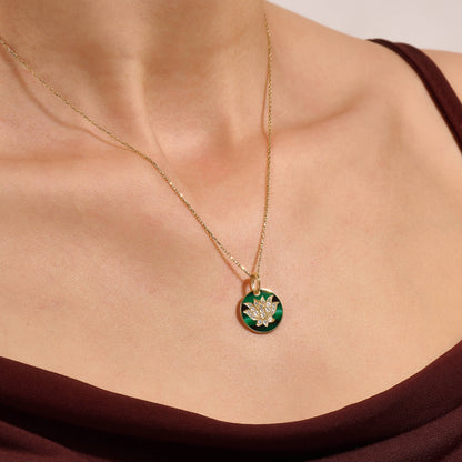 Green Enamel Lotus Necklace in Gold