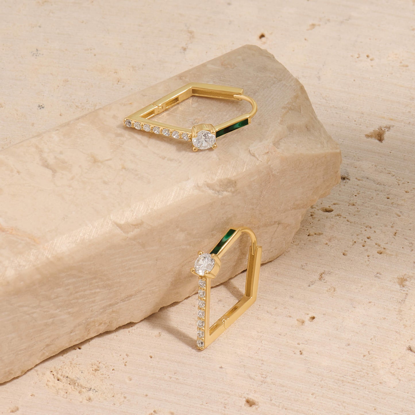 Green Enamel Rhombus Earrings in Gold