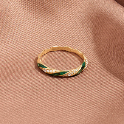 Green Enamel Twisted Half Eternity Ring in Gold