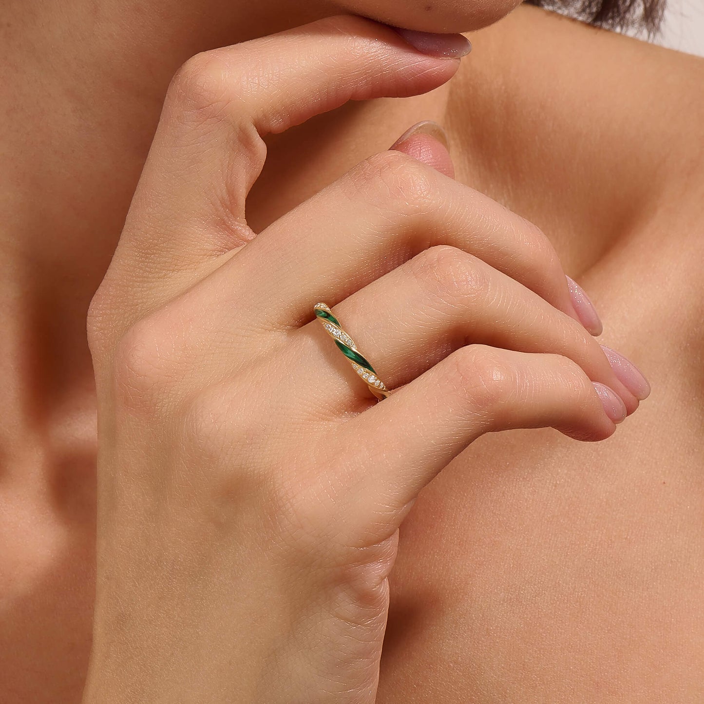 Green Enamel Twisted Half Eternity Ring in Gold