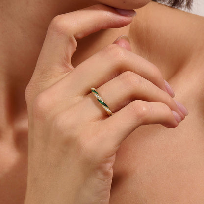 Green Enamel Twisted Half Eternity Ring in Gold