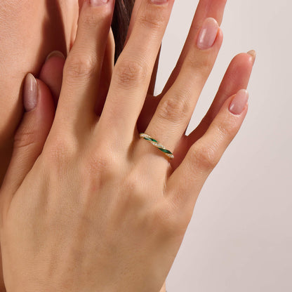 Green Enamel Twisted Half Eternity Ring in Gold