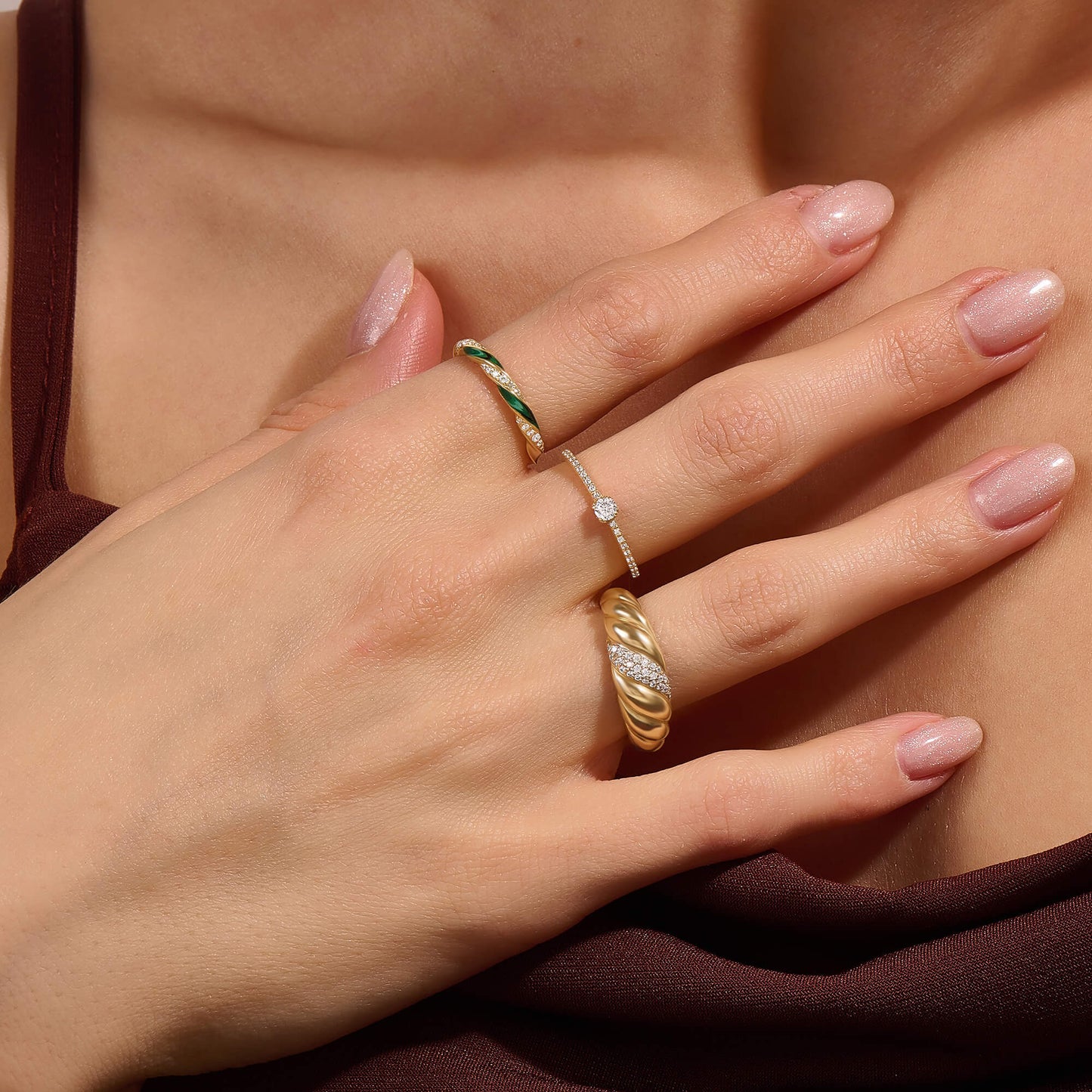 Green Enamel Twisted Half Eternity Ring in Gold