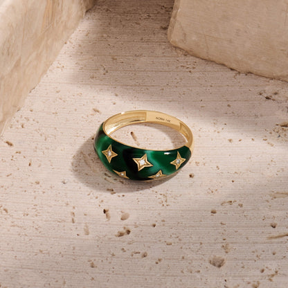 Green Enamel Star Dome Ring in Gold
