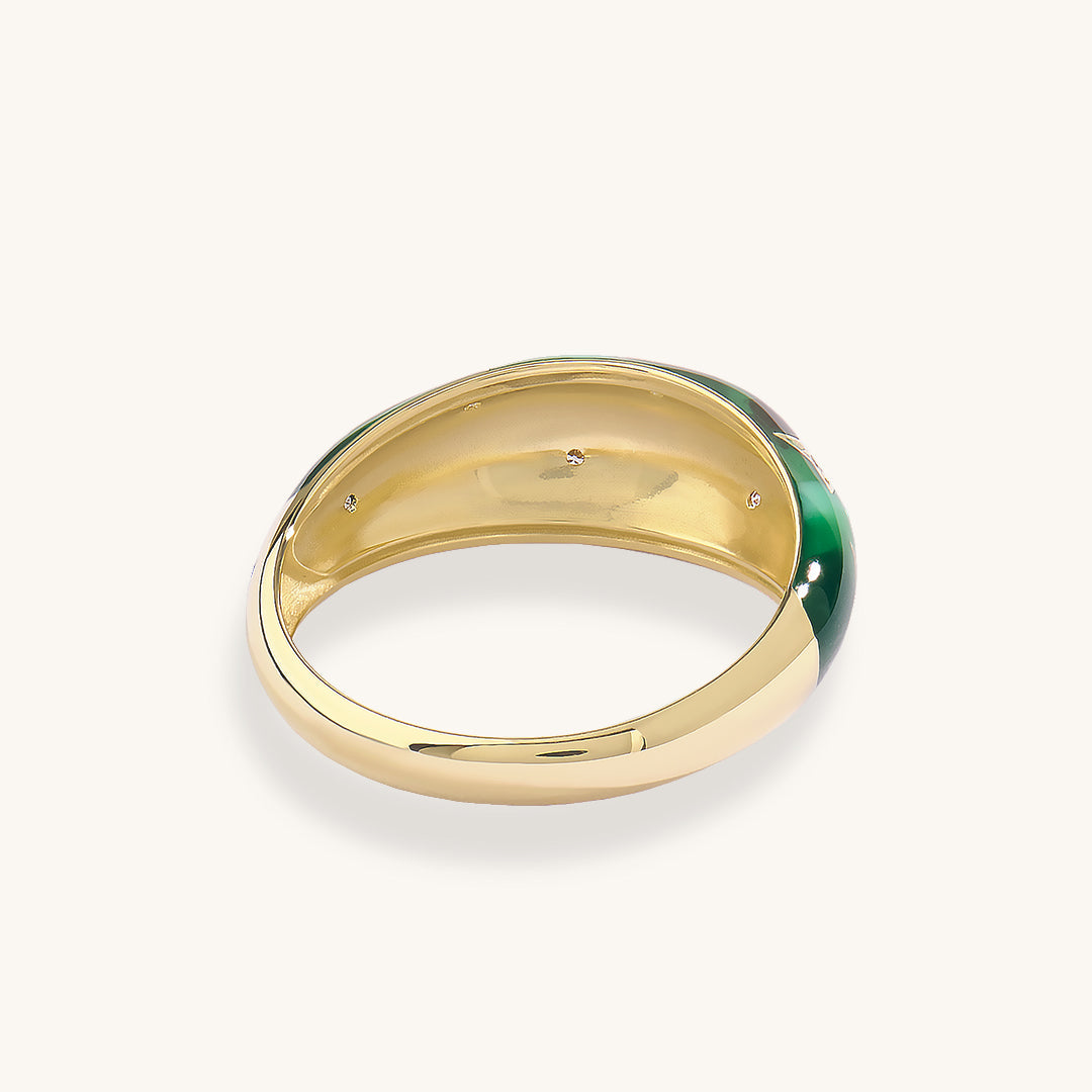Green Enamel Star Dome Ring in Gold