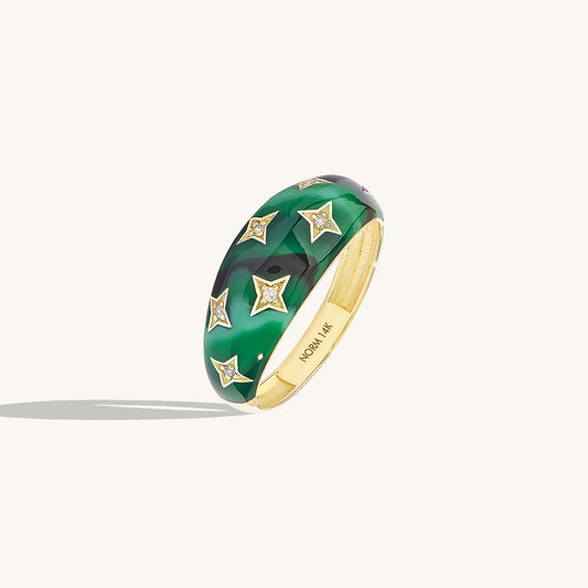 Green Enamel Star Dome Ring in Gold