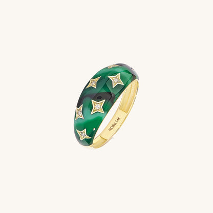 Green Enamel Star Dome Ring in Gold
