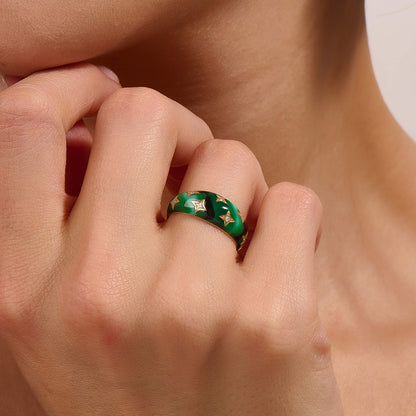 Green Enamel Star Dome Ring in Gold